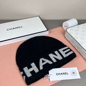 CHANEL Black and White Logo Beanie